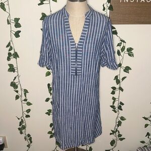 Anne Klein Linen Style Blue and White Shift T-Shirt Dress Striped Gold Accents